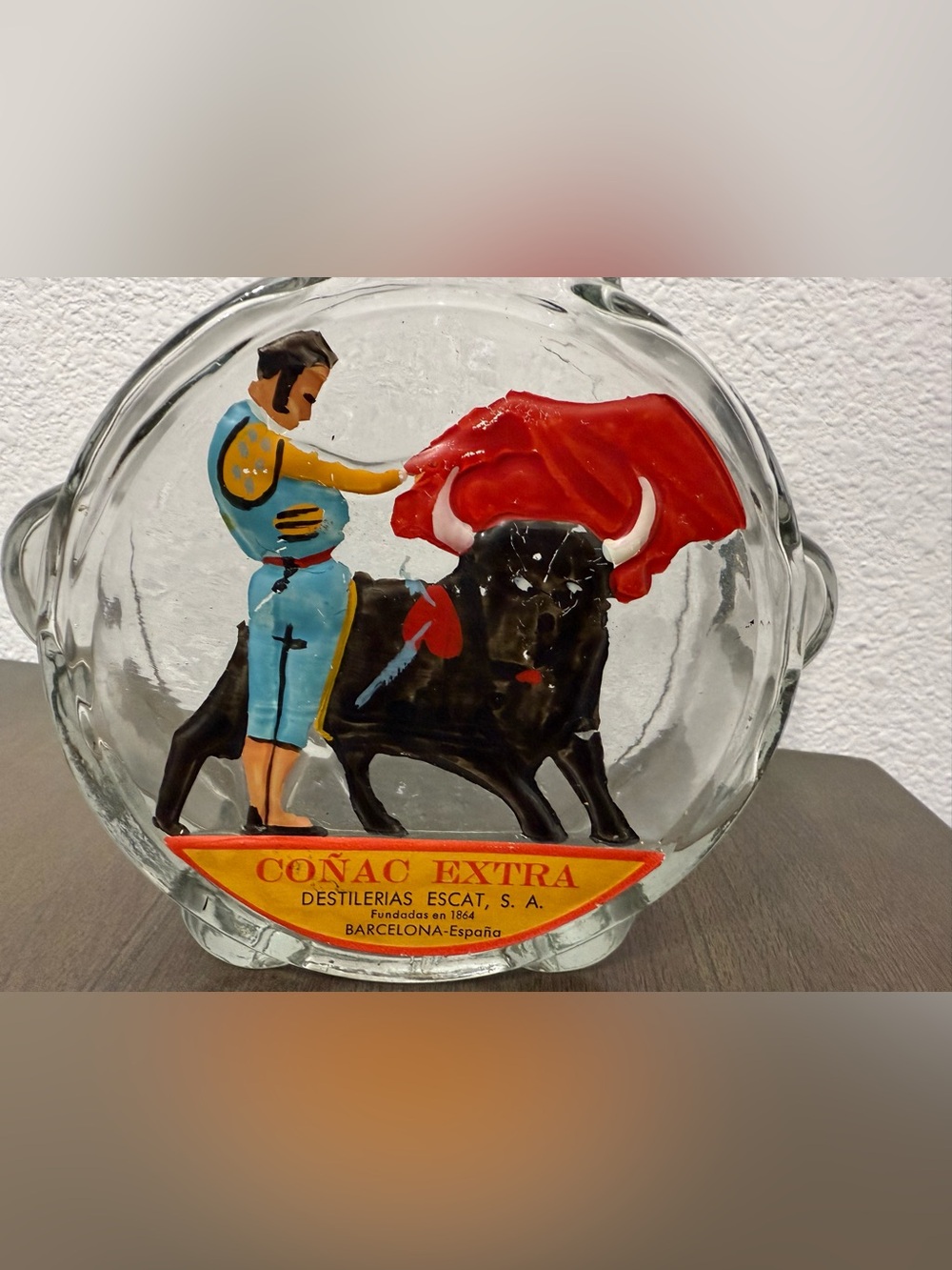 Coñac Extra Decorative Glass Plaque with Matador and Bull - Red & Black Spain